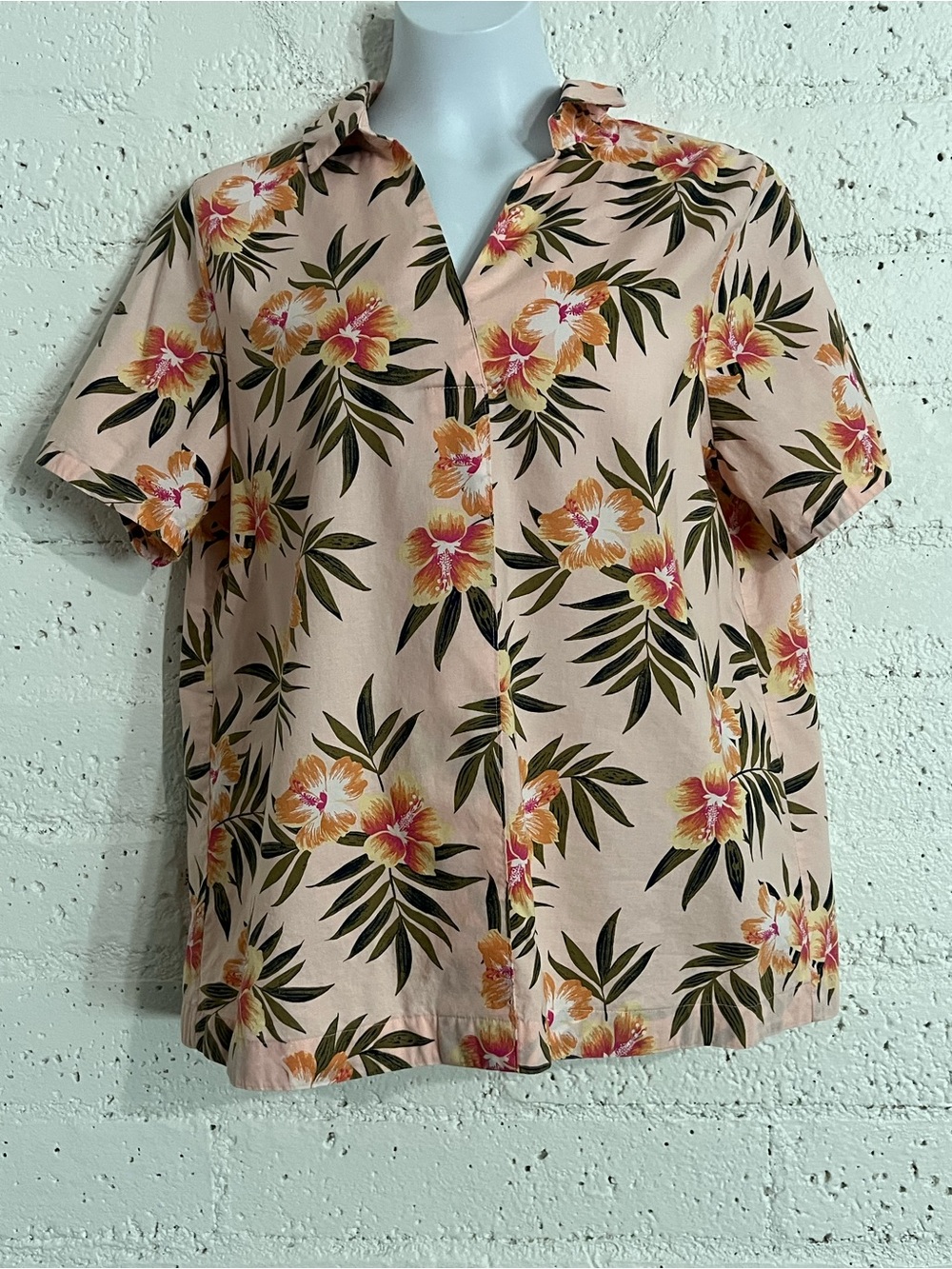 Lands' End Top L 10-12 Pink Tropical Floral Short Sleeve Pullover Cotton B2